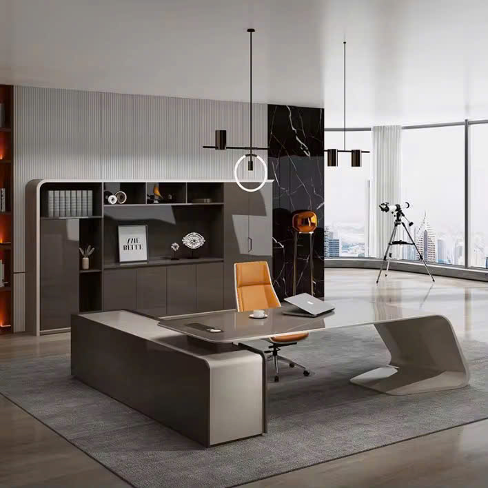 Bàn làm việc chữ L đẳng cấp tích hợp bàn phụ kính