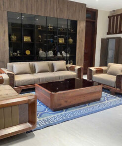 Bộ sofa gỗ khối đẳng cấp và bàn trà kính đen