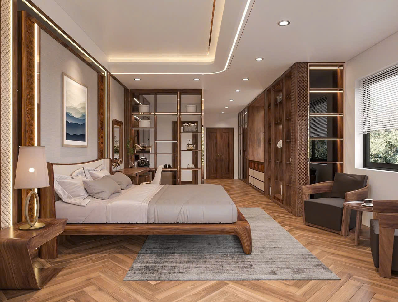 Nội thất phòng ngủ master hiện đại luxury gỗ & vân đá Nội thất phòng ngủ master hiện đại luxury gỗ & vân đá