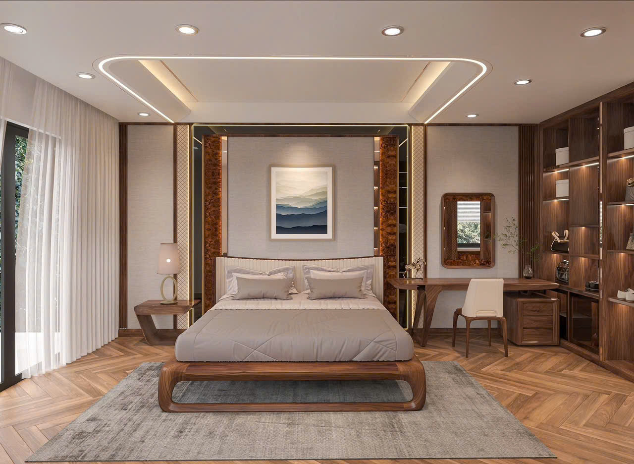 Nội thất phòng ngủ master hiện đại luxury gỗ & vân đá Nội thất phòng ngủ master hiện đại luxury gỗ & vân đá