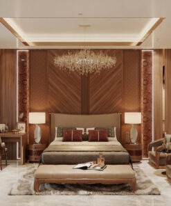 Phòng ngủ master Veneer gỗ vân chéo và ánh sáng tinh tế