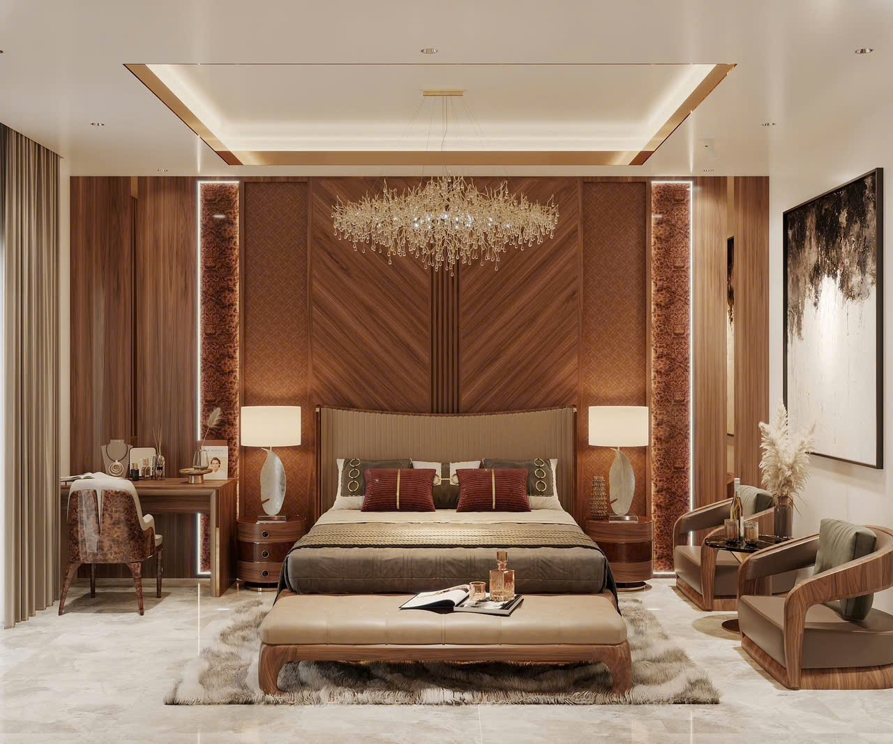Phòng ngủ master Veneer gỗ vân chéo và ánh sáng tinh tế Phòng ngủ master Veneer gỗ vân chéo và ánh sáng tinh tế