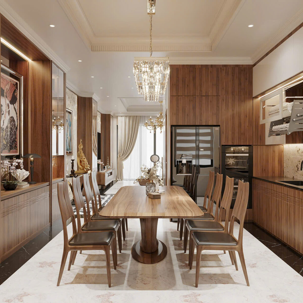 Không Gian Phòng Ăn Gỗ Óc Chó Hiện Đại