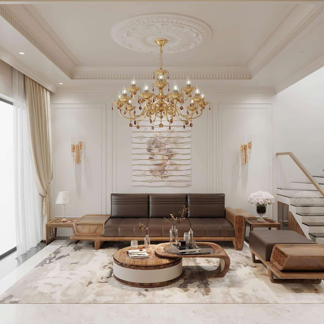 Bộ sofa gỗ tự nhiên và bàn trà tròn phong cách bán cổ điển Bộ sofa gỗ tự nhiên và bàn trà tròn phong cách bán cổ điển