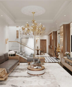 Bộ sofa gỗ tự nhiên và bàn trà tròn phong cách bán cổ điển