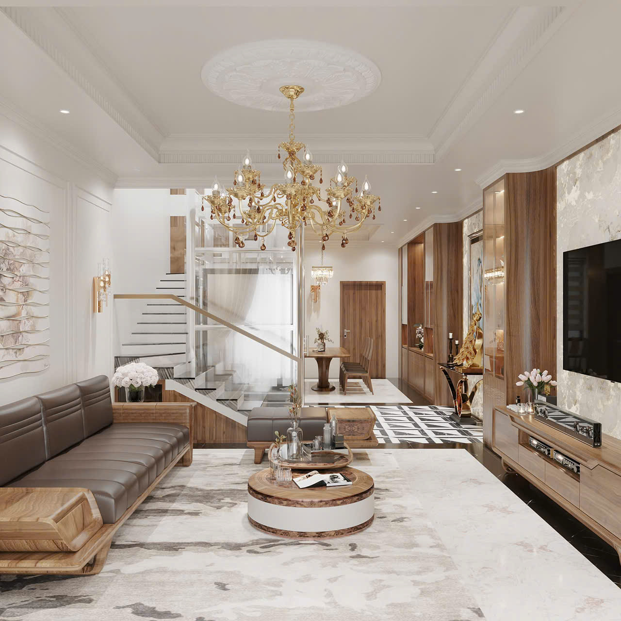 Bộ sofa gỗ tự nhiên và bàn trà tròn phong cách bán cổ điển