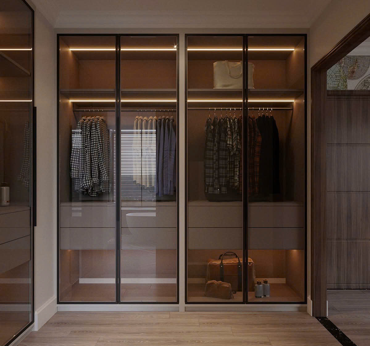 Phòng thay đồ / tủ áo cánh kính kết hợp đảo trưng bày phong cách luxury