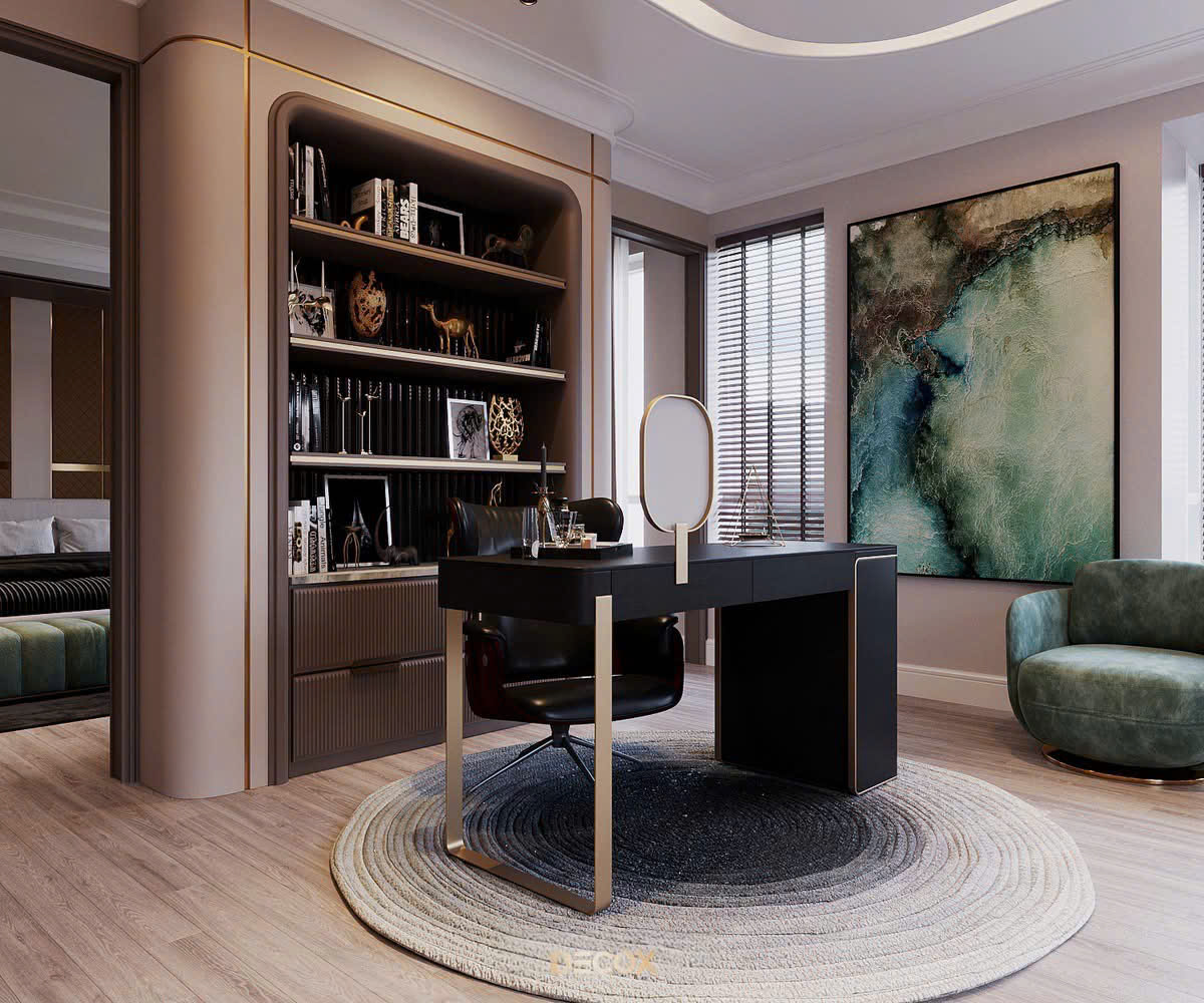 Bàn làm việc tối giản và kệ sách bo cong luxury