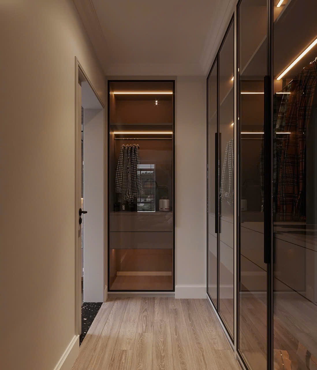 Phòng thay đồ / tủ áo cánh kính kết hợp đảo trưng bày phong cách luxury Phòng thay đồ / tủ áo cánh kính kết hợp đảo trưng bày phong cách luxury