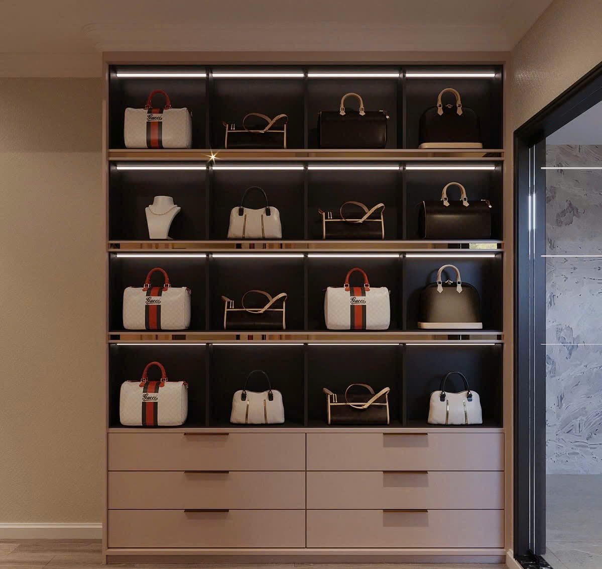 Tủ trưng bày cao cấp tích hợp đèn led và lưu trữ