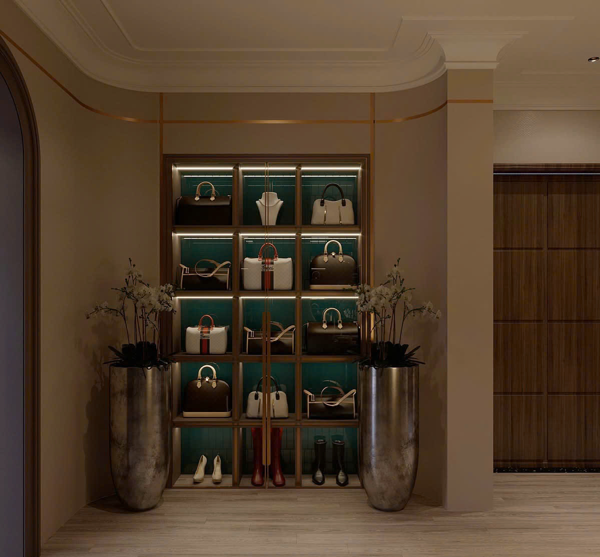 Tủ trưng bày luxury tích hợp ánh sáng nghệ thuật