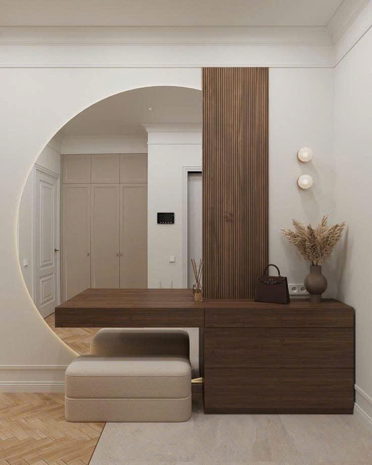 Bàn trang điểm / bàn console tích hợp gương tròn lớn