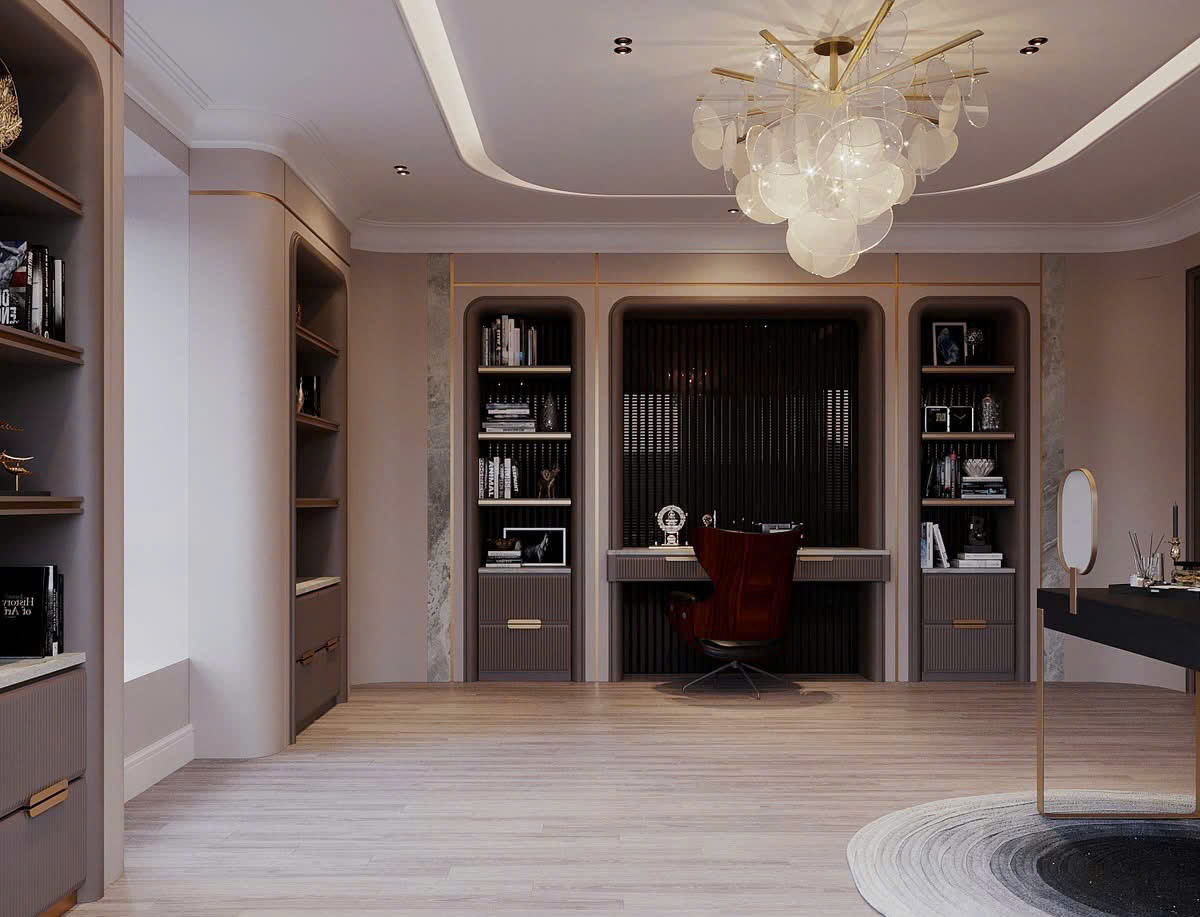 Nội thất văn phòng lãnh đạo luxury tích hợp gỗ, đá và ánh sáng