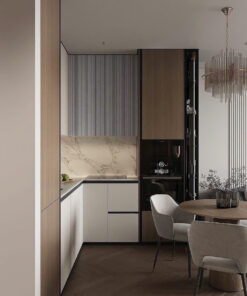 Mẫu Pantry chữ L nhỏ gọn, nan sóng xám, tủ rượu LED neon