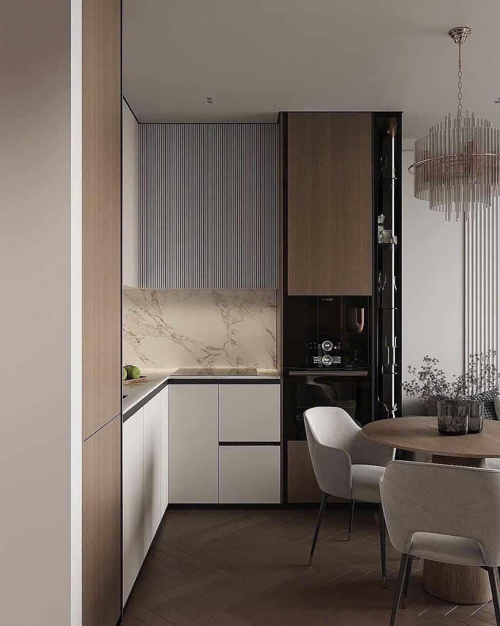 Mẫu Pantry chữ L nhỏ gọn, nan sóng xám, tủ rượu LED neon