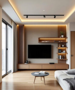 Thiết kế không gian tường TV hiện đại tích hợp kệ và nan gỗ