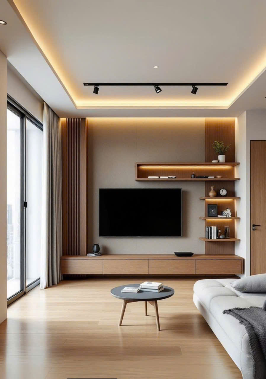 Thiết kế không gian tường TV hiện đại tích hợp kệ và nan gỗ