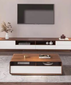 Bộ bàn trà và kệ TV hiện đại phối màu gỗ và trắng thanh lịch